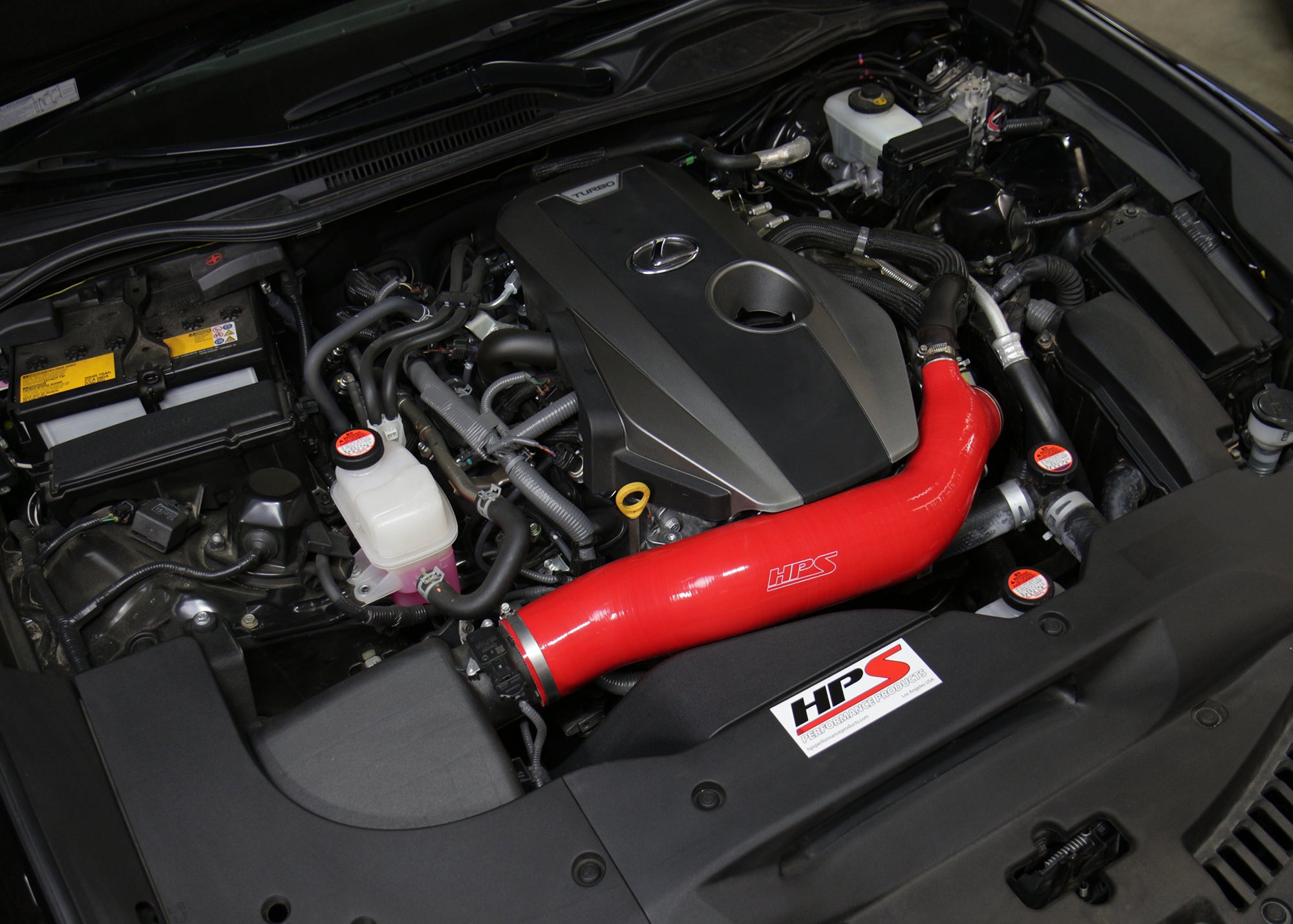 HPS Red Reinforced Silicone Post MAF Air Intake Hose Kit Lexus 16-17 RC200t 2.0L Turbo 57-1585-RED Installed