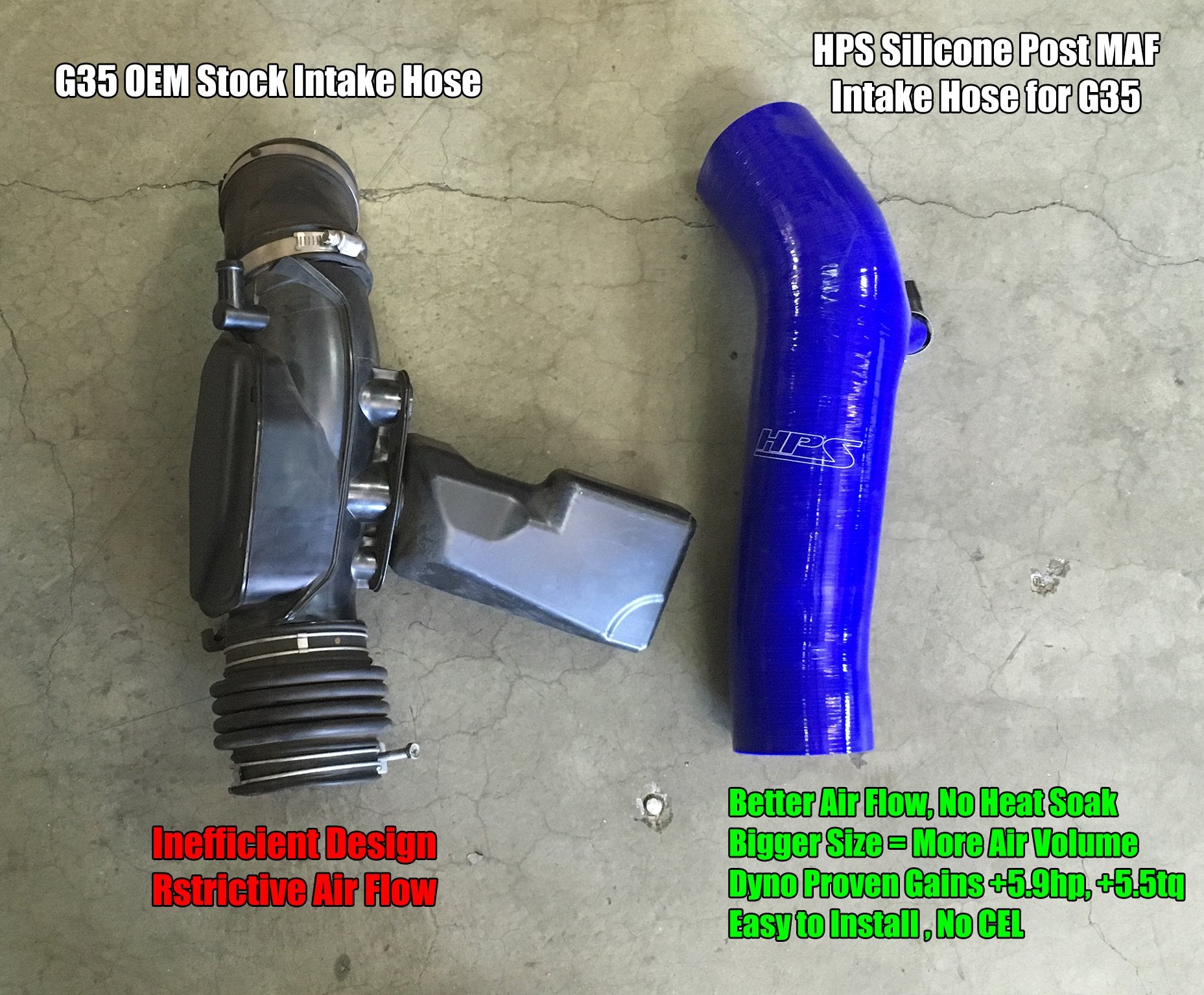 HPS Silicone Post MAF Air Intake Kit vs OEM intake Hose Infiniti 03-07 G35 Coupe 3.5L V6