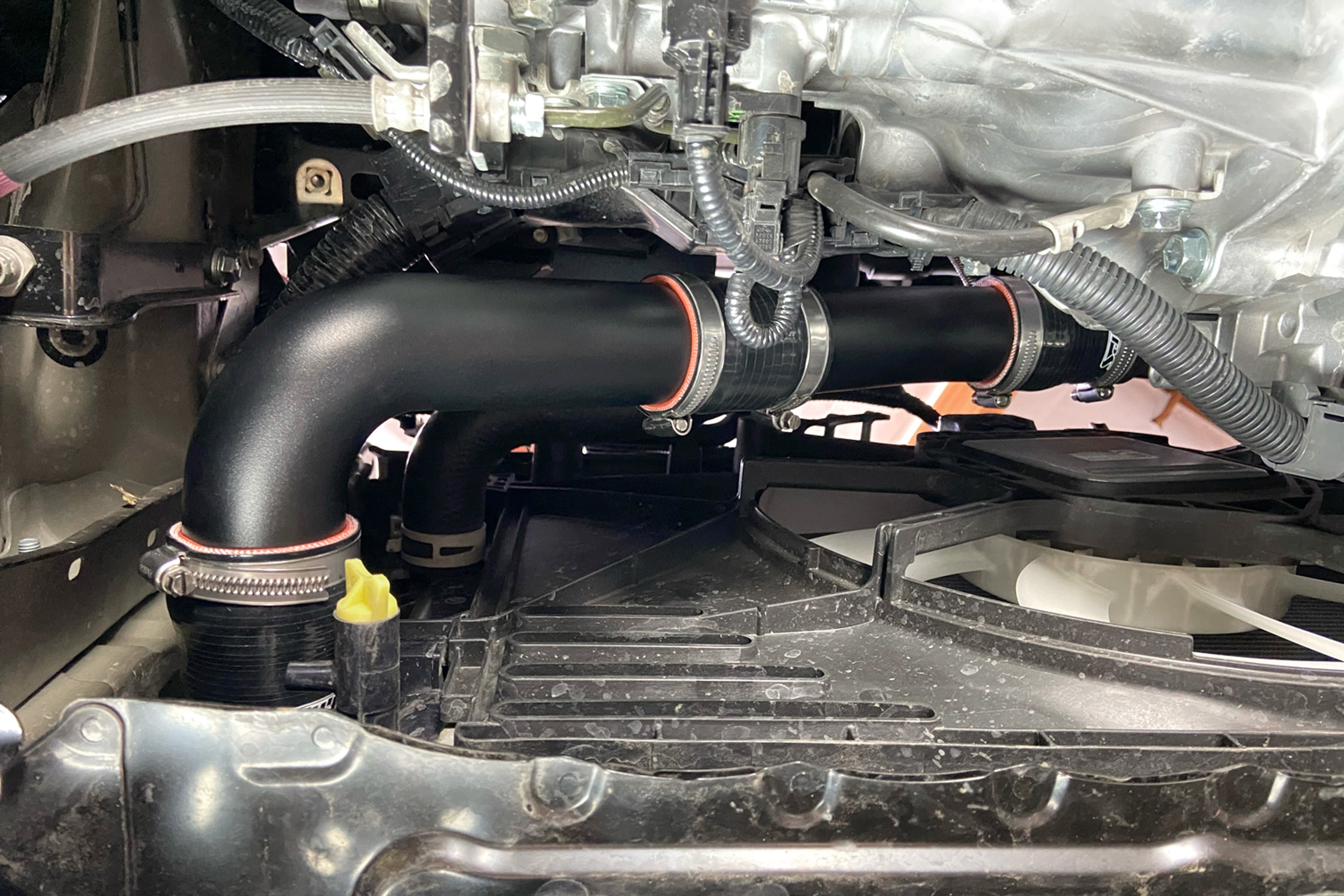 HPS Performance Black Intercooler Charge Pipe Cold Side Installed 2023-2025 Toyota GR Corolla 1.6L Turbo 17-166WB