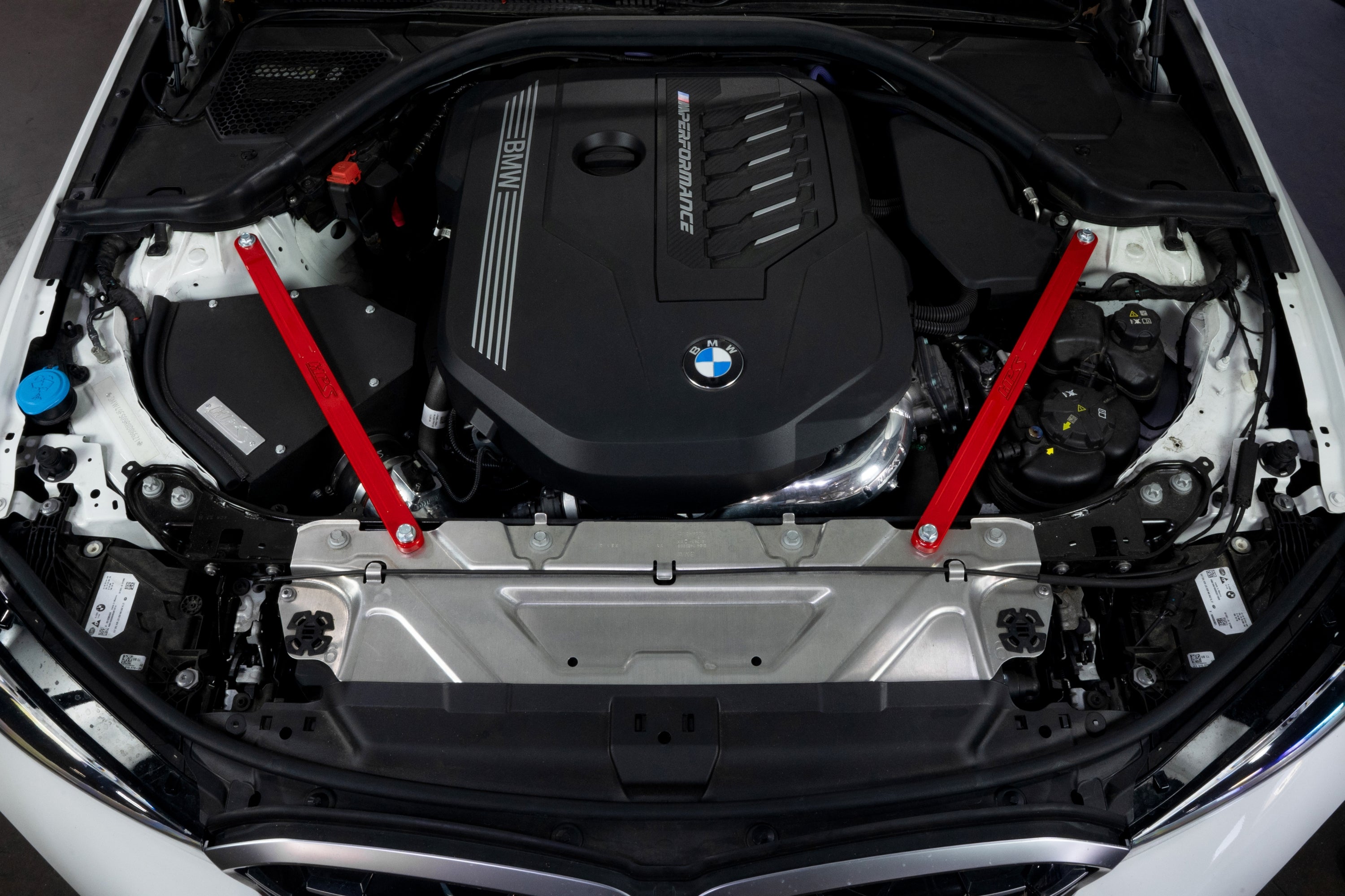 HPS Performance Billet Aluminum Front Strut Bar installed 2020-2024 BMW G20 M340i B58 Turbo 42-115