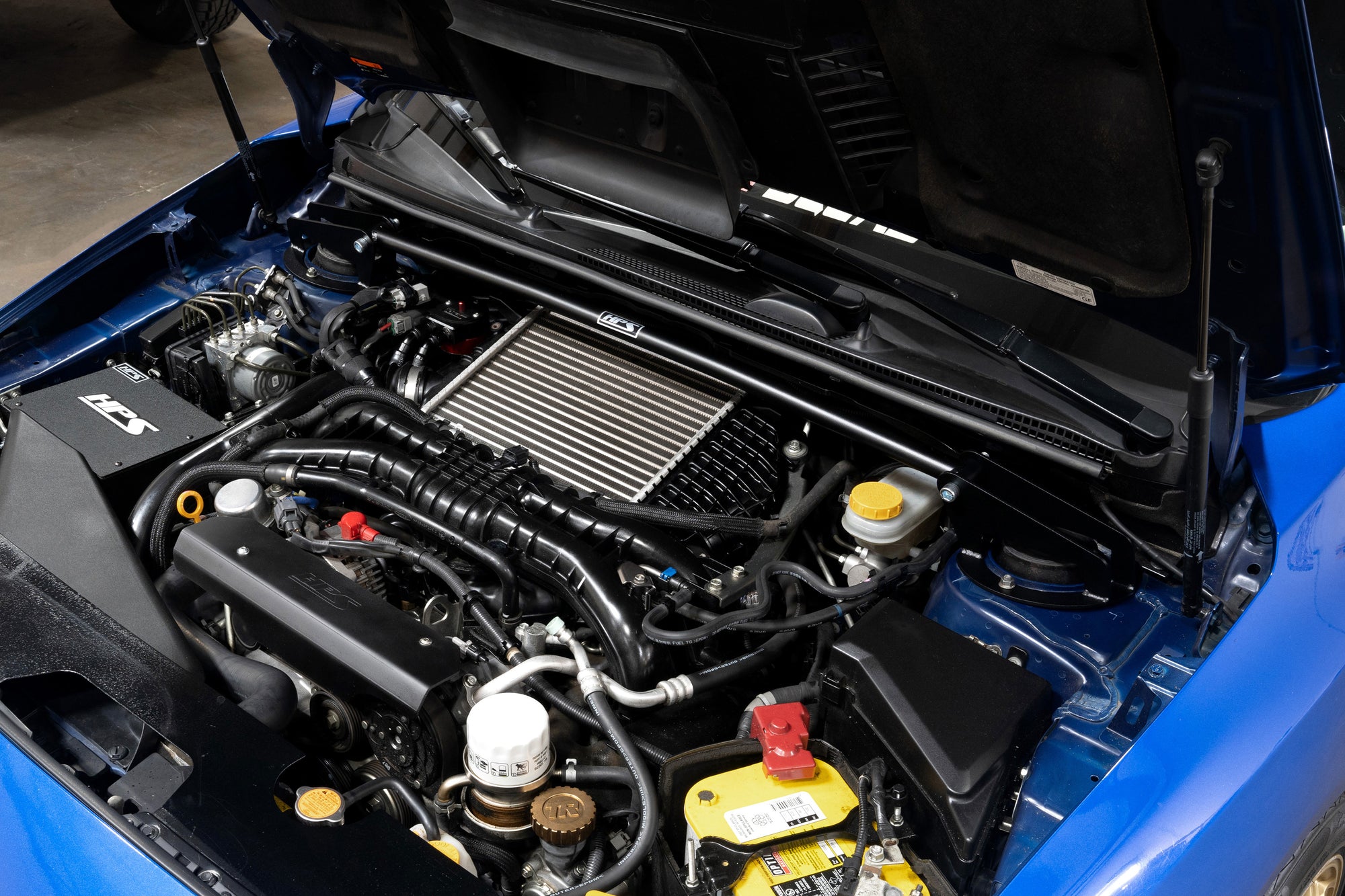 HPS Black Front Strut Bar Installed 2015-2021 Subaru WRX STI Turbo VA FA20F EJ257 42-116 1st Gen