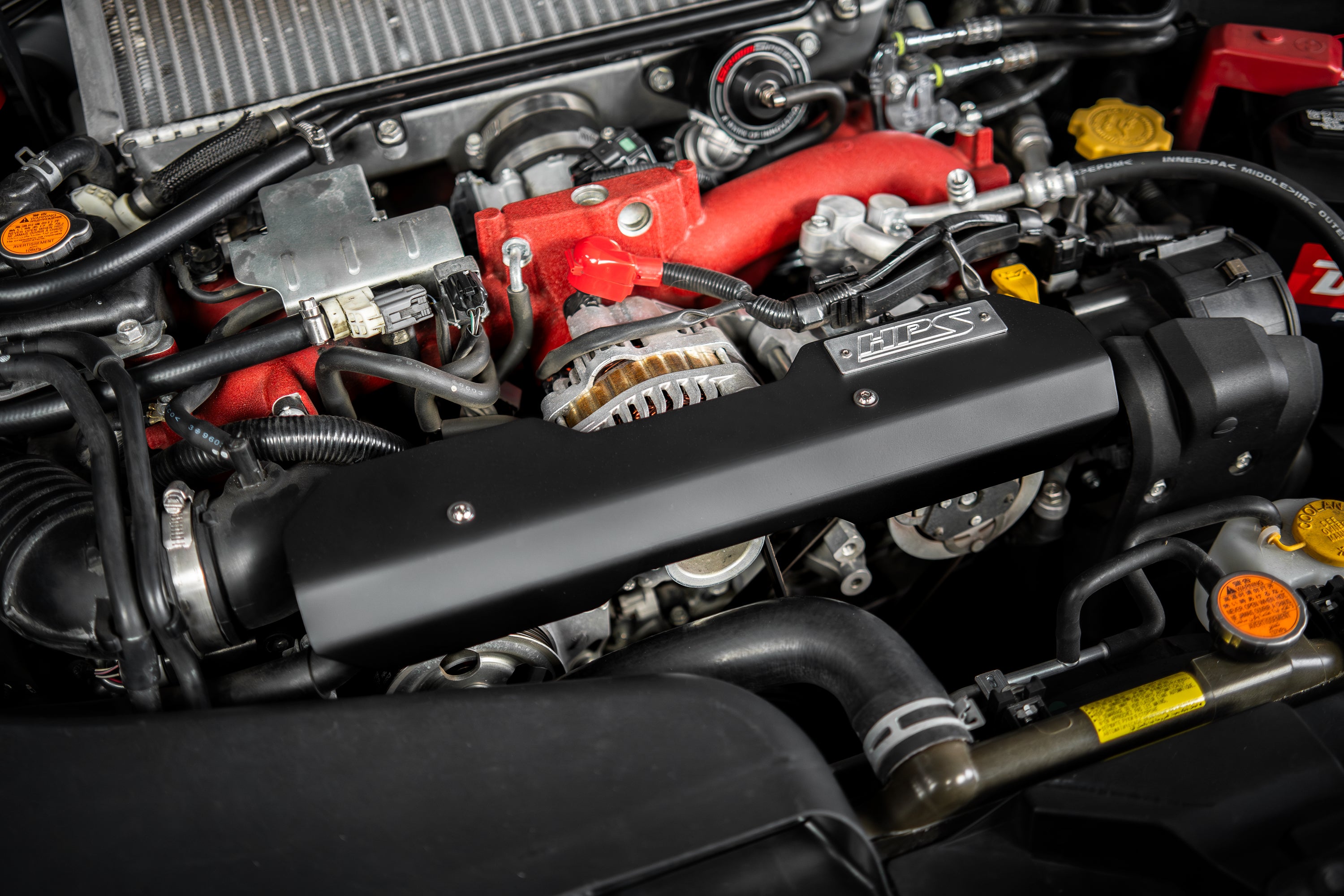 HPS Performance Pulley Belt Cover Aluminum Installed 2015-2021 Subaru WRX STI 2.5L Turbo EJ257 Black 71-100