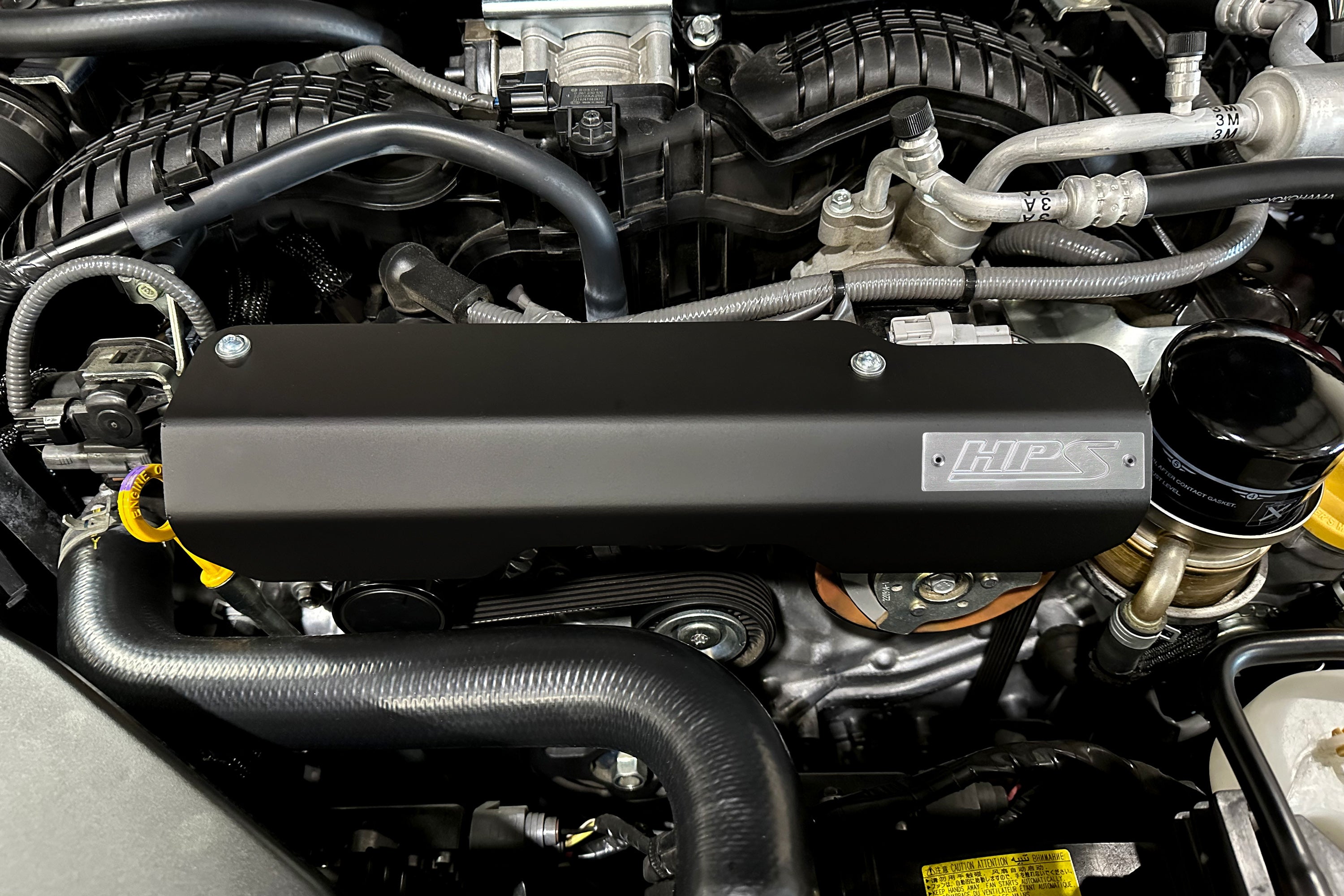 HPS Performance Black Pulley Belt Cover Aluminum Installed 2nd Gen Subaru WRX 2.4L FA24F H4 Turbo VB 71-103WB 