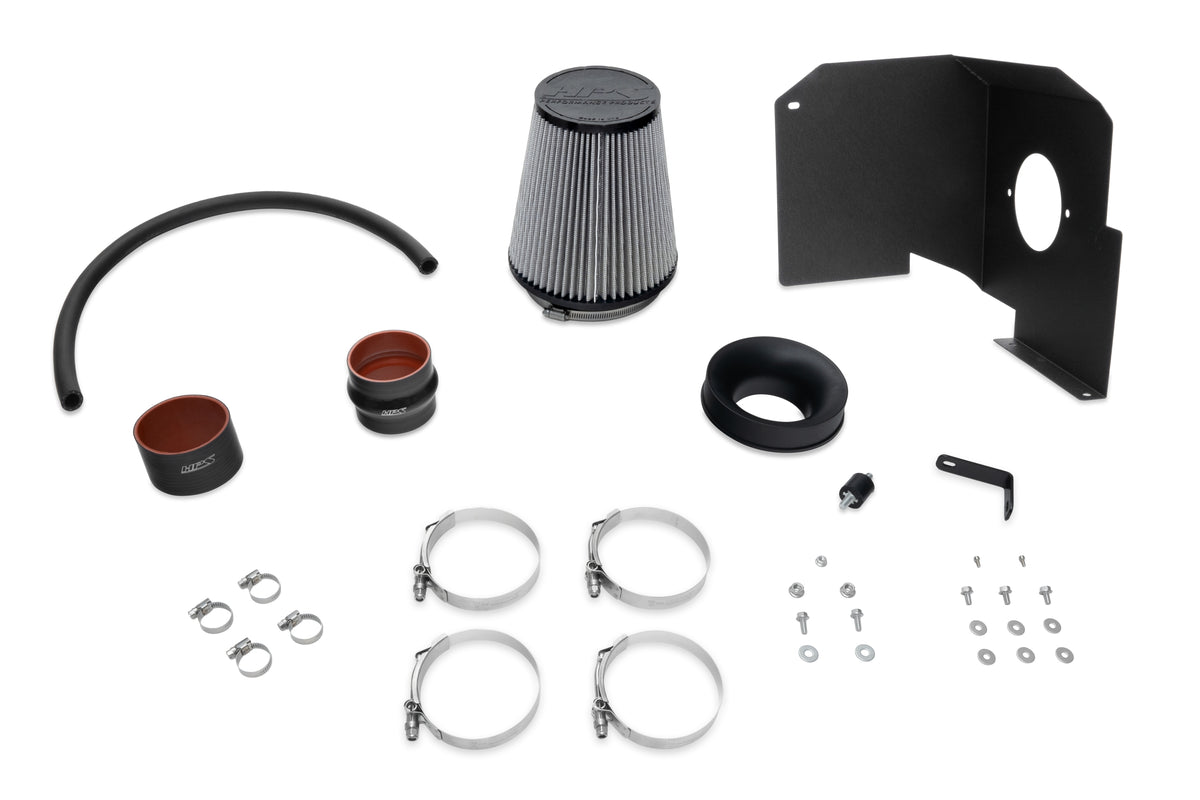 HPS Performance Air Intake Kit 827-603 includes high flow air filter, heat shield, race proven silicone hoses, industrial grade t-bolt clamps