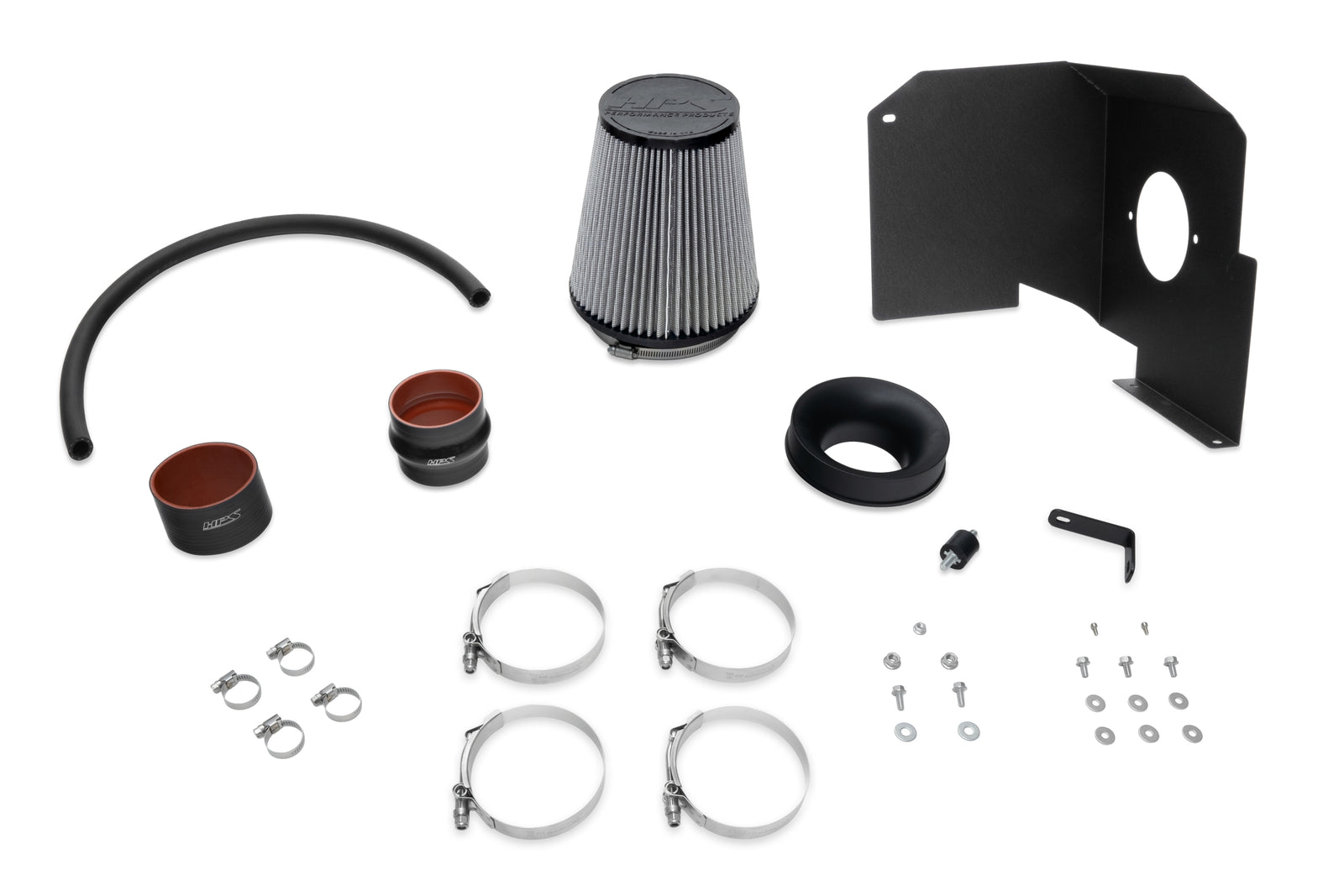 HPS Performance Air Intake Kit 827-603 includes high flow air filter, heat shield, race proven silicone hoses, industrial grade t-bolt clamps