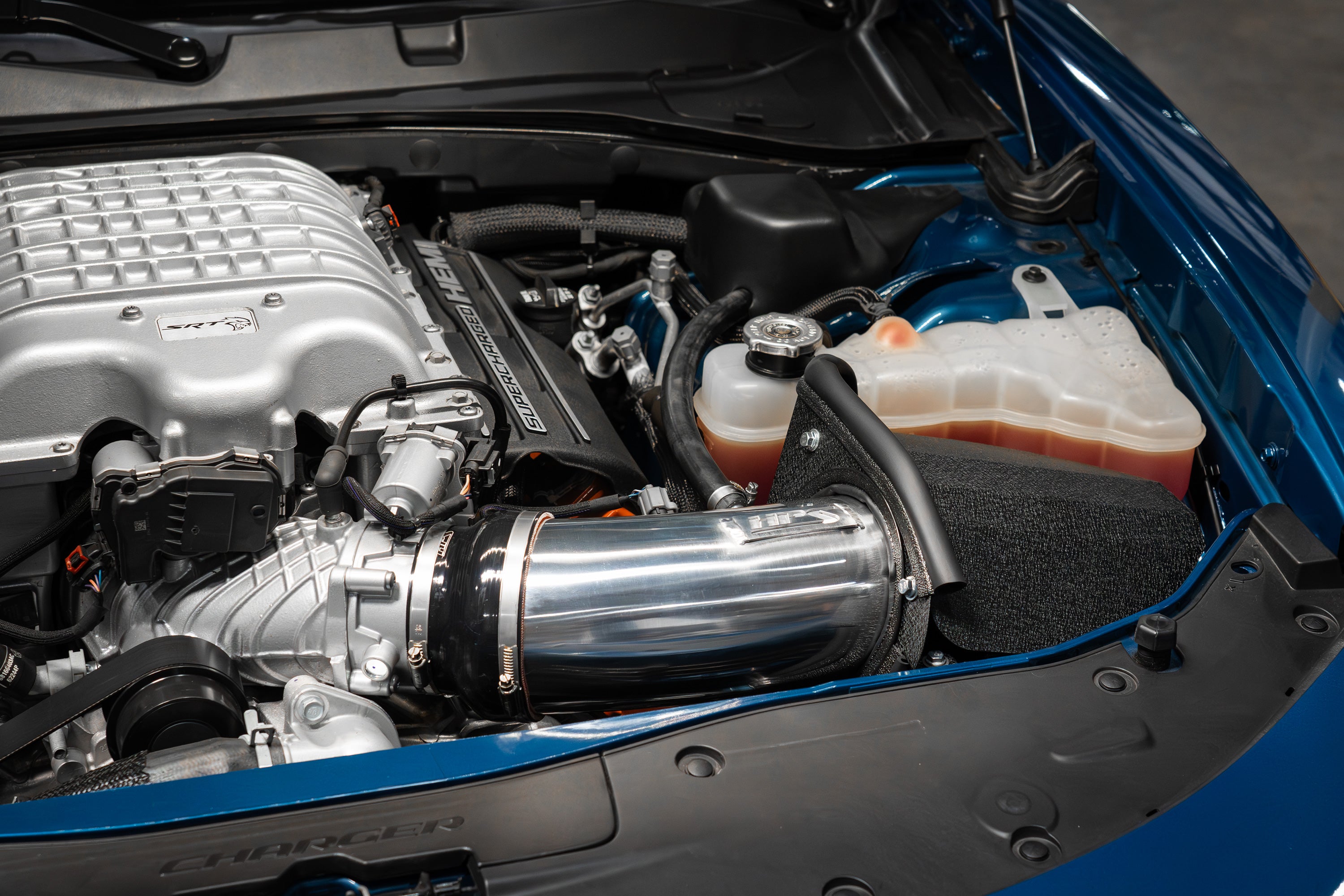 HPS Performance Cold Air Intake Installed with Heat Shield Dodge 2019-2023 Charger Hellcat 6.2L V8 Supercharged 827-681