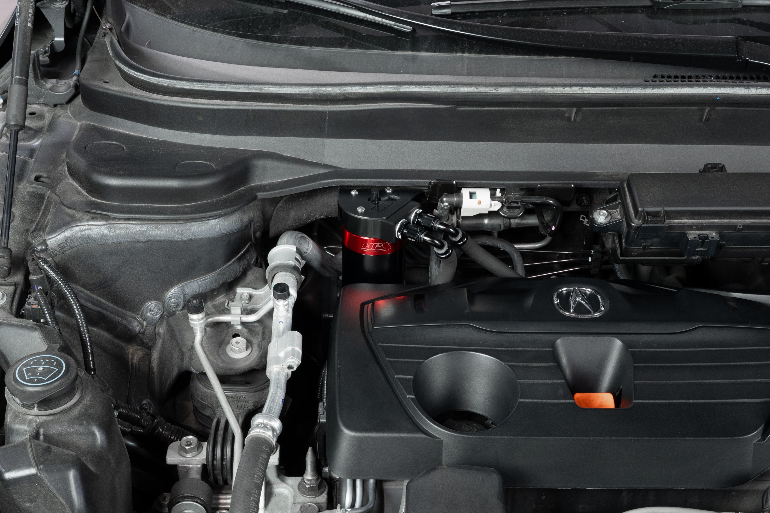 HPS Performance Red Aluminum Oil Catch Can Kit Installed 3rd Gen Acura RDX 2.0L Turbo K20C4 860-015