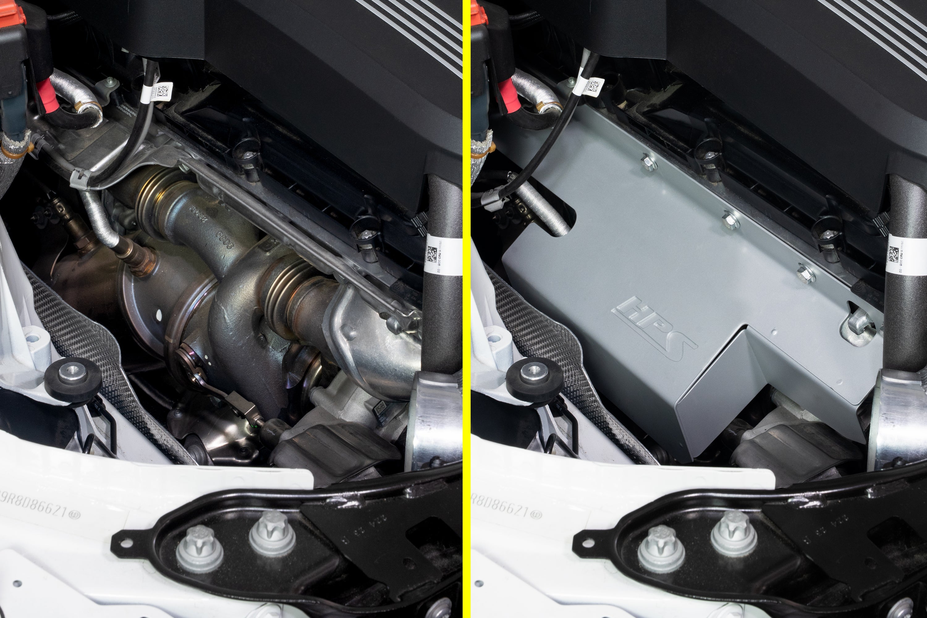 HPS Performance Turbo Steel Heat Shield installed 200% increase in protection area vs OEM shield 2020-2024 BMW M340i M440i M240i G20 G22 G23 G26 G42 B58 3.0L Turbo 94-001