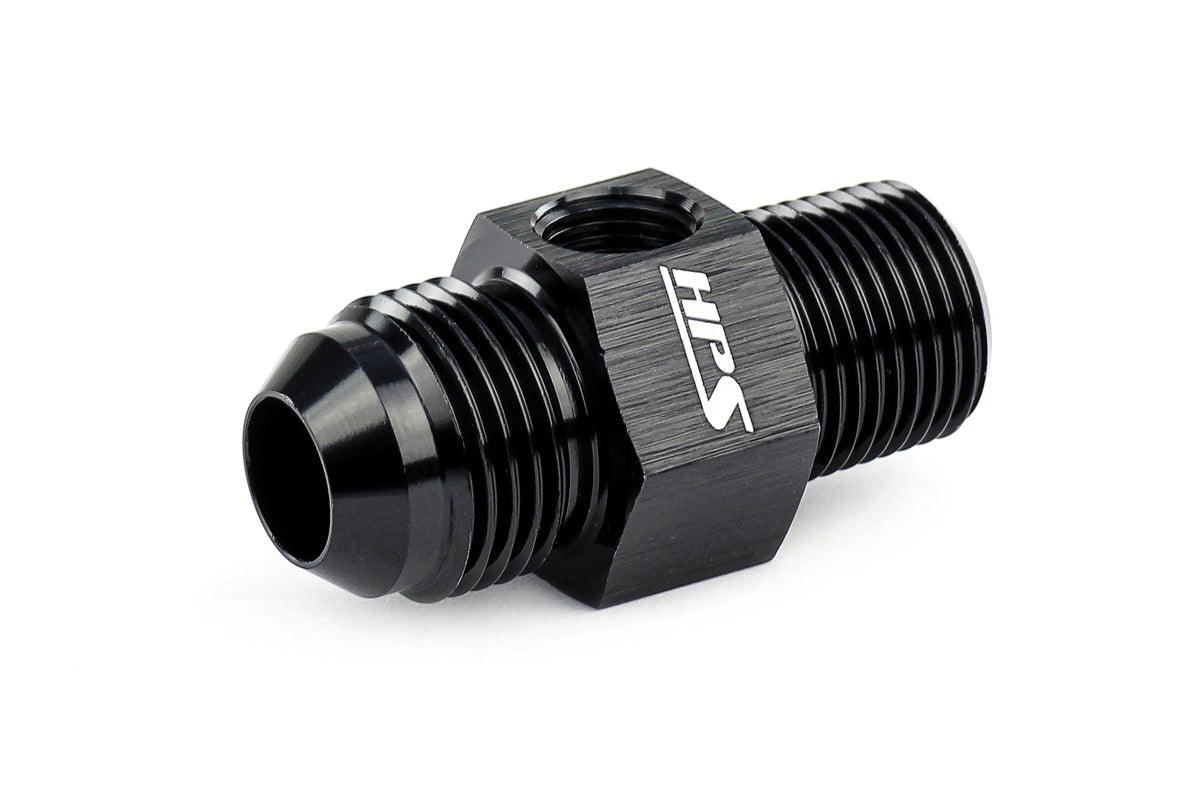 HPS Performance Black Aluminum AN Male to NPT Male Adapter with 1/8&quot; NPT Female Port -10 1/8&quot; 1/4&quot;