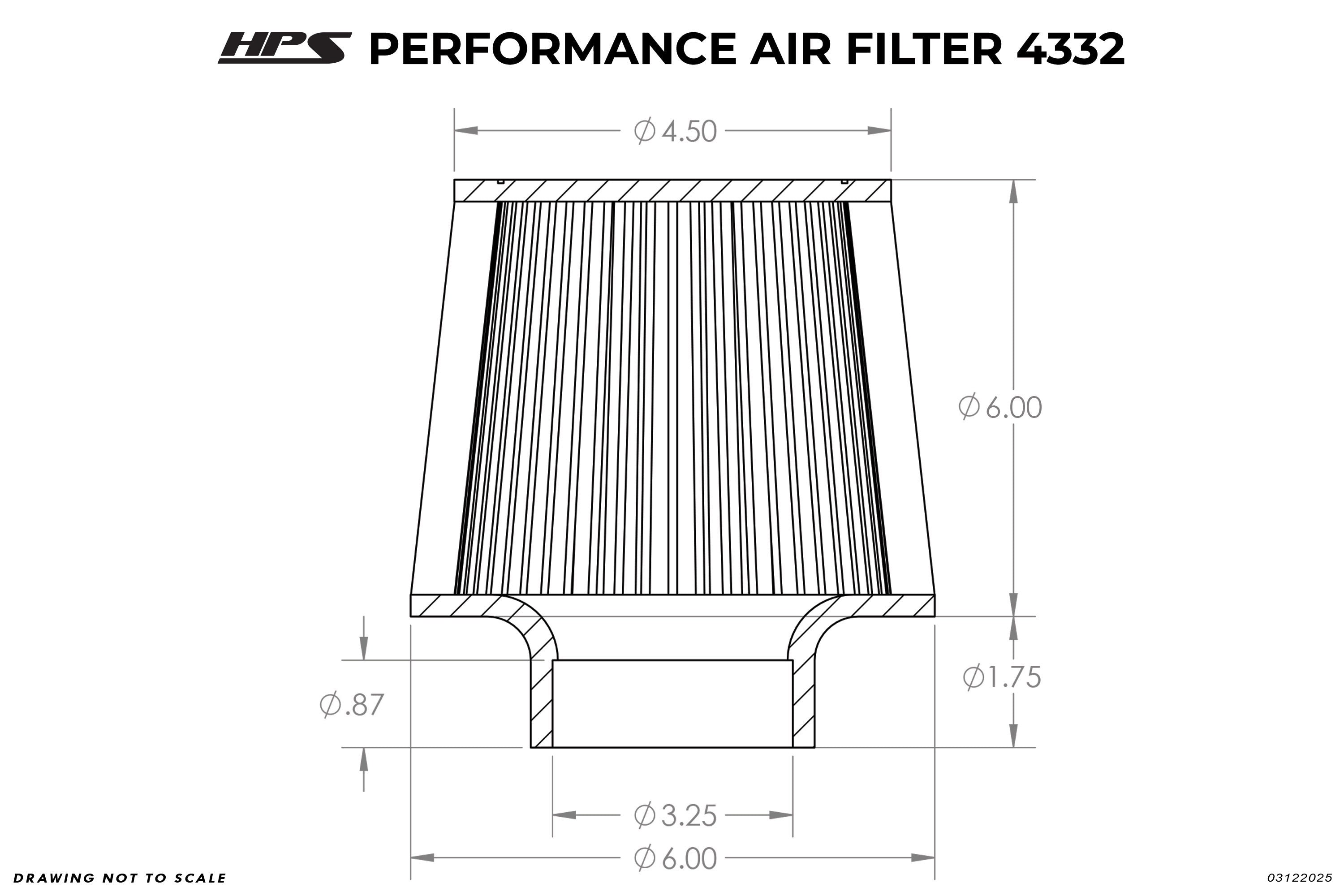 HPS Performance 3.25" Air Filter, 7.75" Length, 6" Base, 4.5" Top, HPS-4332