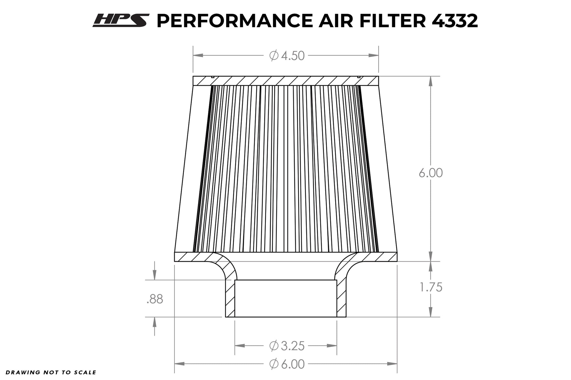 HPS Performance Air Filter 3.25" ID, 6" Element Length, 7.75" Overall Length, HPS-4332