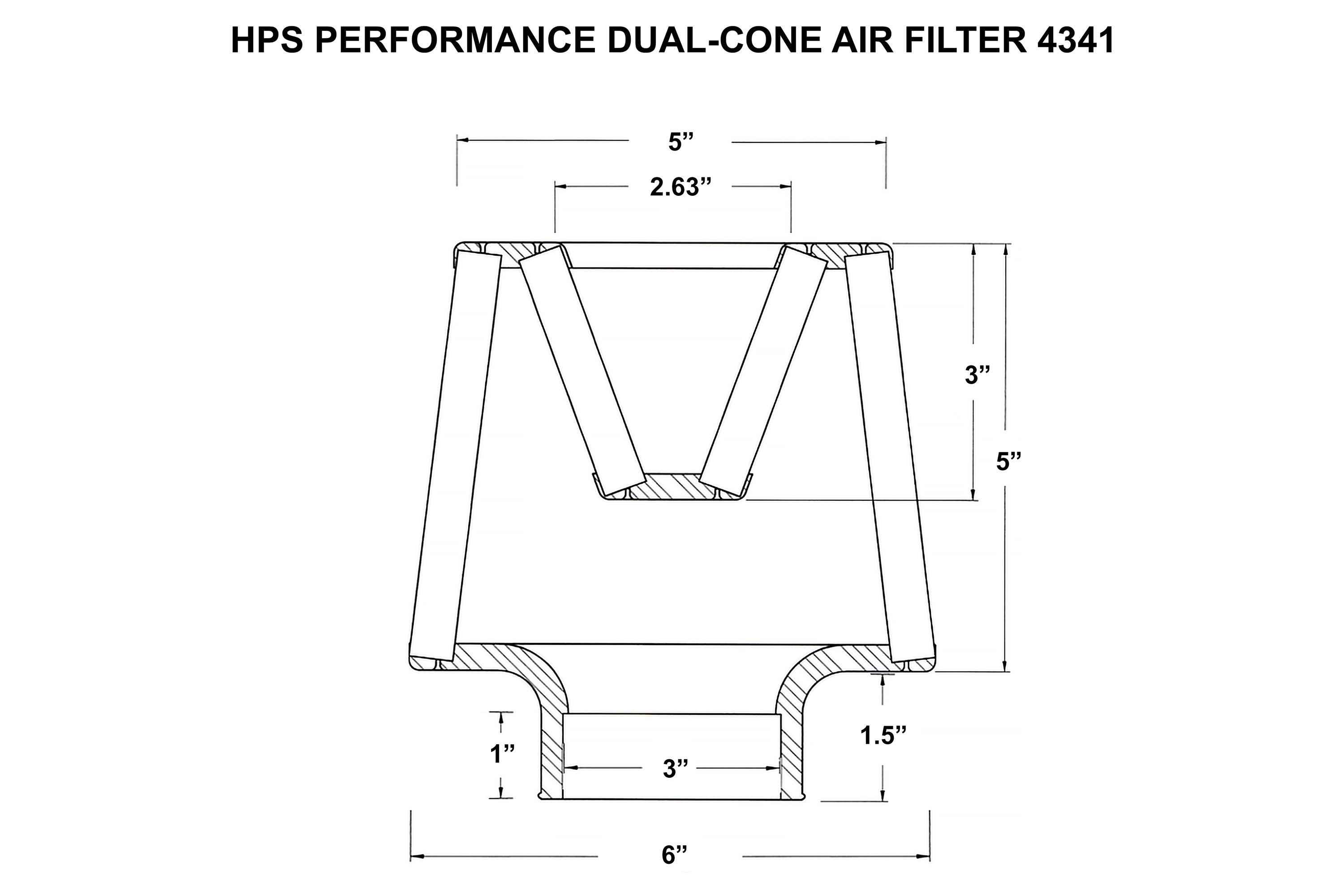 HPS Performance 3" Open Top Dual Cone Air Filter, 6.5" Length, HPS-4341