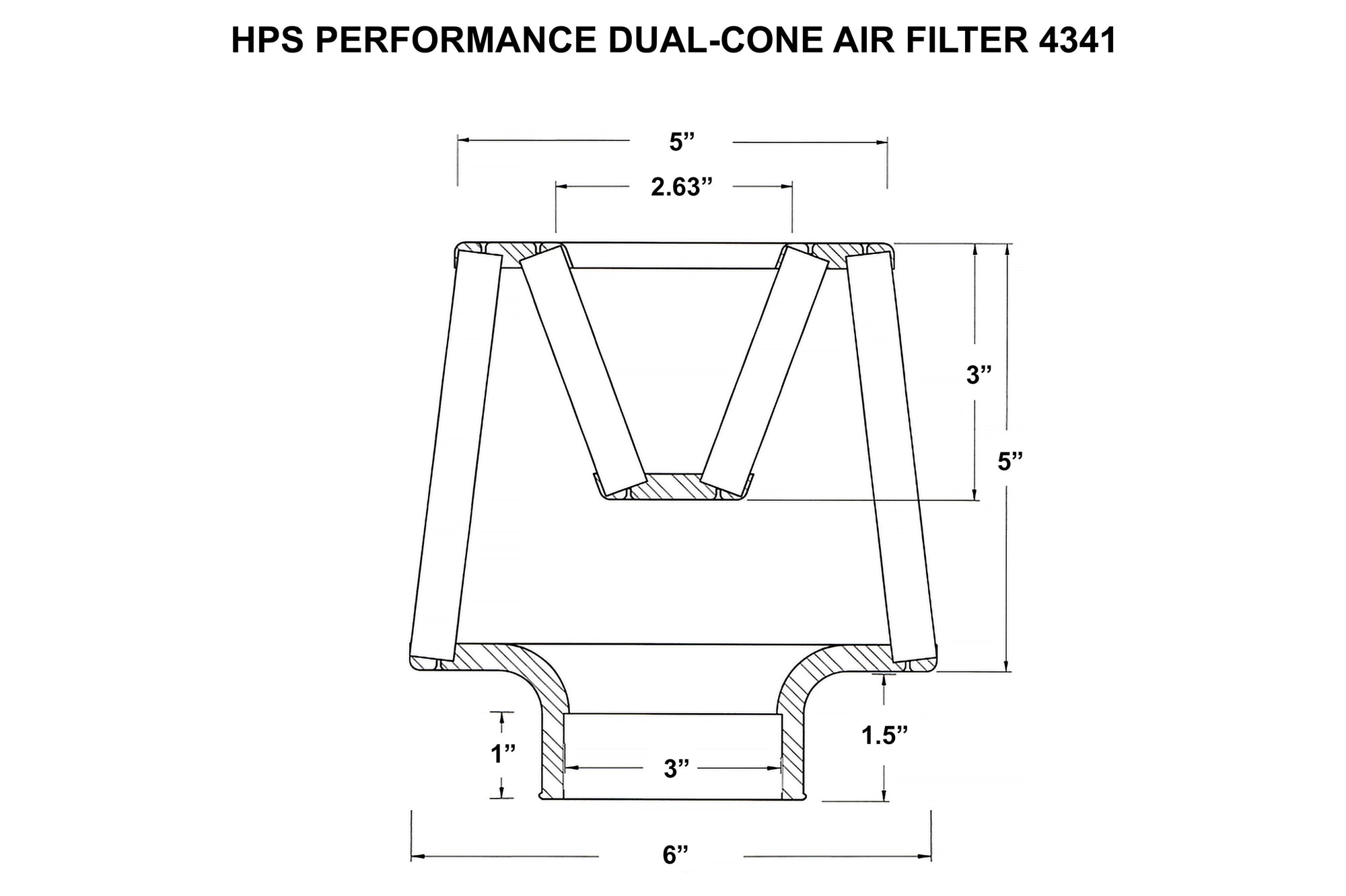 HPS Performance 3" Open Top Dual Cone Air Filter, 6.5" Length, HPS-4341