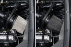 HPS Performance Universal Water Repellent Air Intake Pre-Filter Sock installed before and after HPS-9147