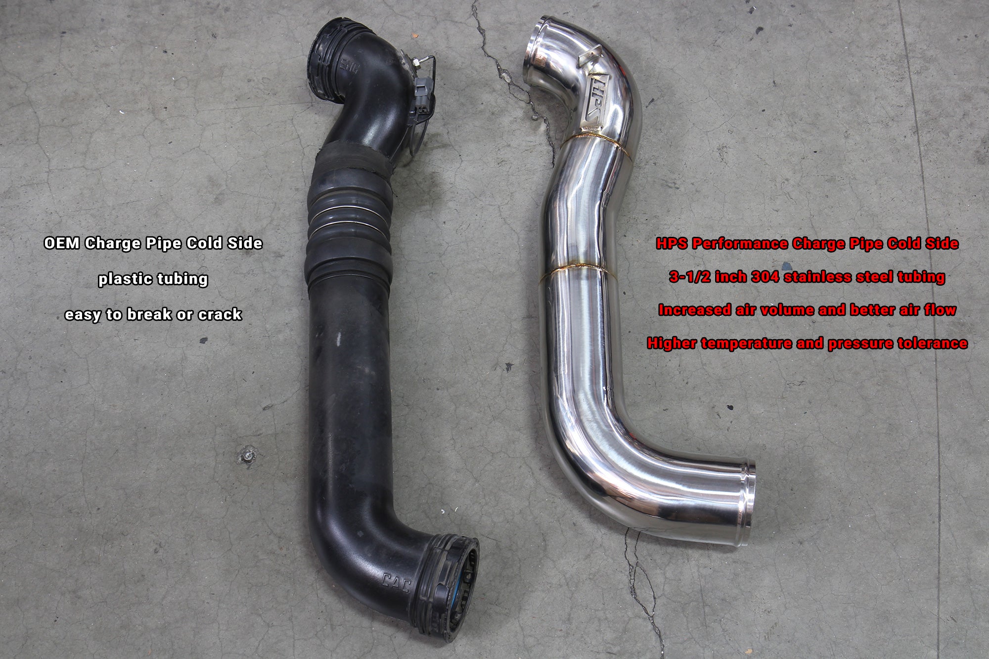 HPS 3.5" Stainless Steel Charge Pipe Cold Side vs OEM Plastic Chevy Silverado 2500HD 6.6L Duramax Diesel Turbo LML 17-125P