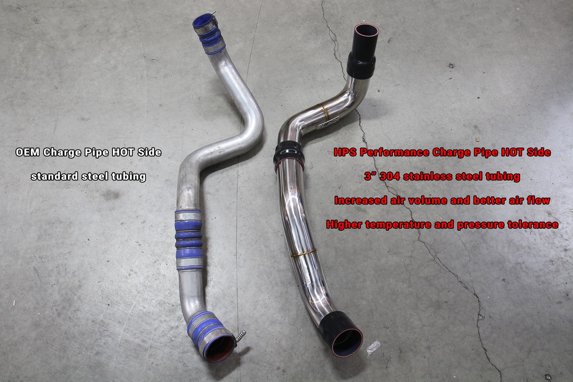 HPS 3" Stainless Steel Charge Pipe Hot Side vs OEM Chevy Silverado 3500HD 6.6L Duramax Diesel Turbo LML 17-126P