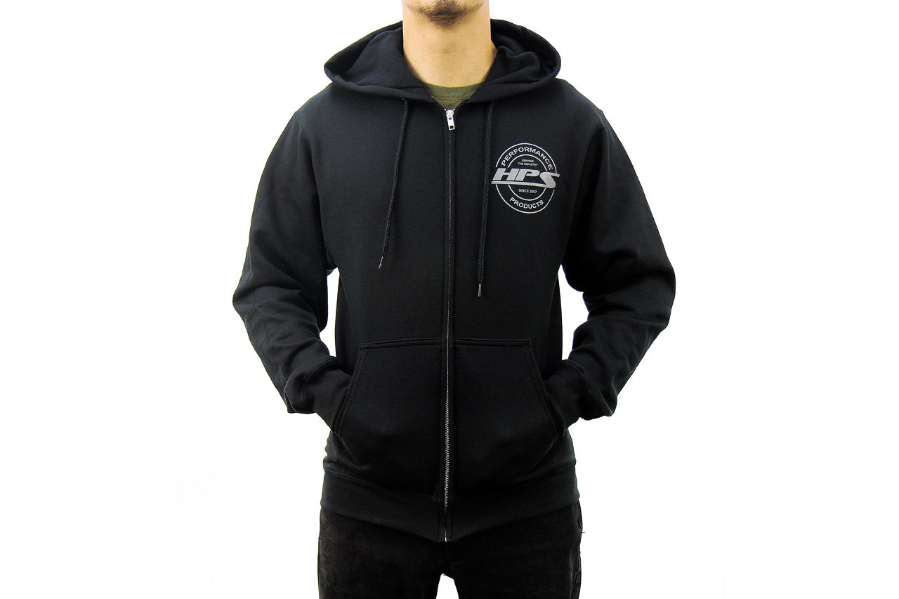  HPS Performance Products Black zip up hoodie jacket round logo gray serving the industry since 2007 mens jacket drawstring hood small front logo