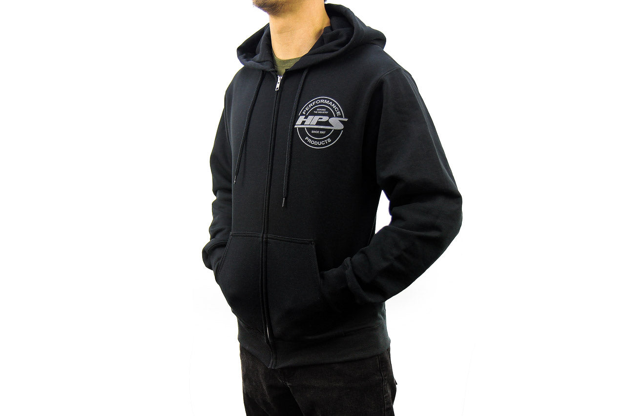 HPS Performance Products Black zip up hoodie jacket round logo gray serving the industry since 2007 mens jacket drawstring hood small front logo pockets