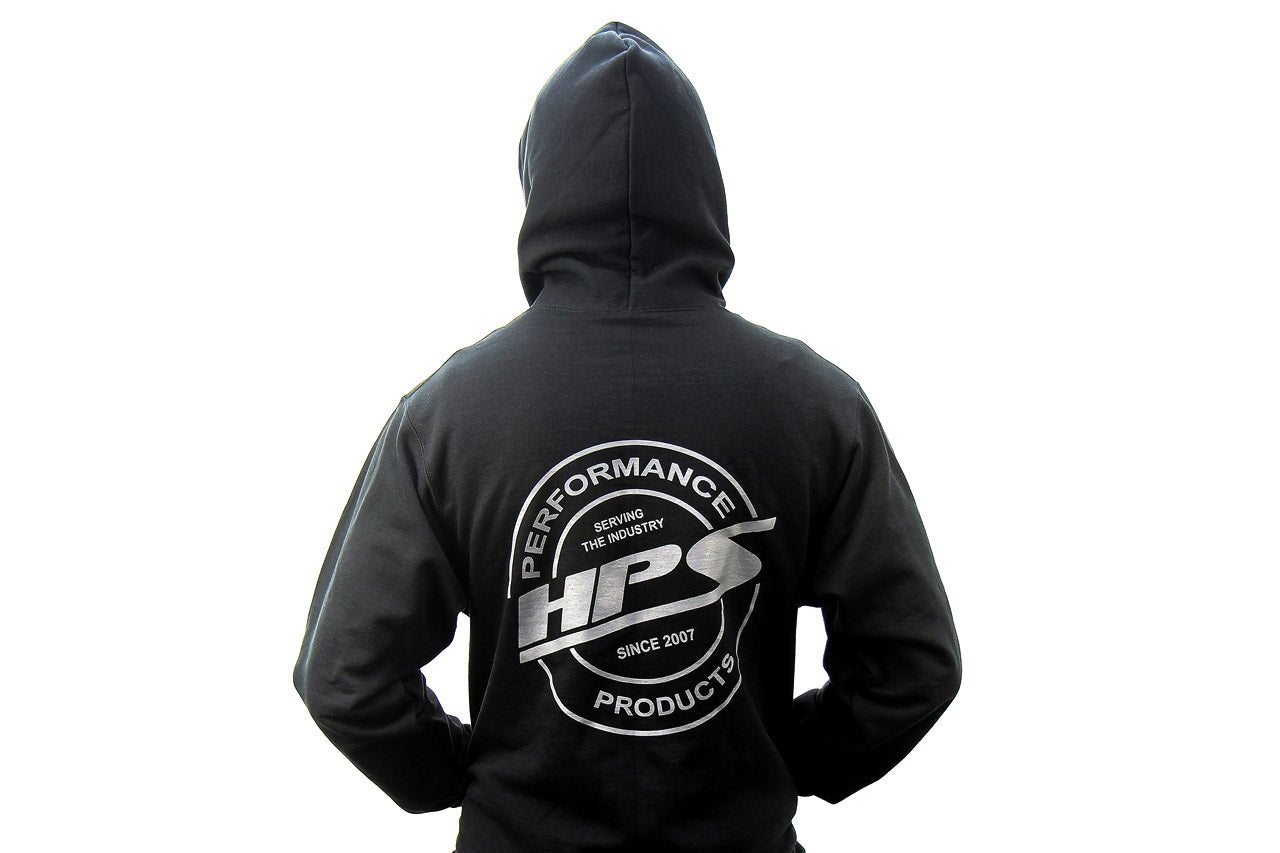 HPS Performance Products Black zip up hoodie jacket round logo gray serving the industry since 2007 mens jacket back large cotton polyester blend