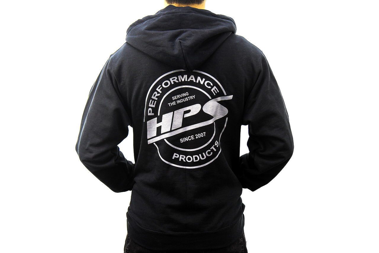 HPS Performance Products Black zip up hoodie jacket round logo gray serving the industry since 2007 mens jacket back large cotton polyester blend
