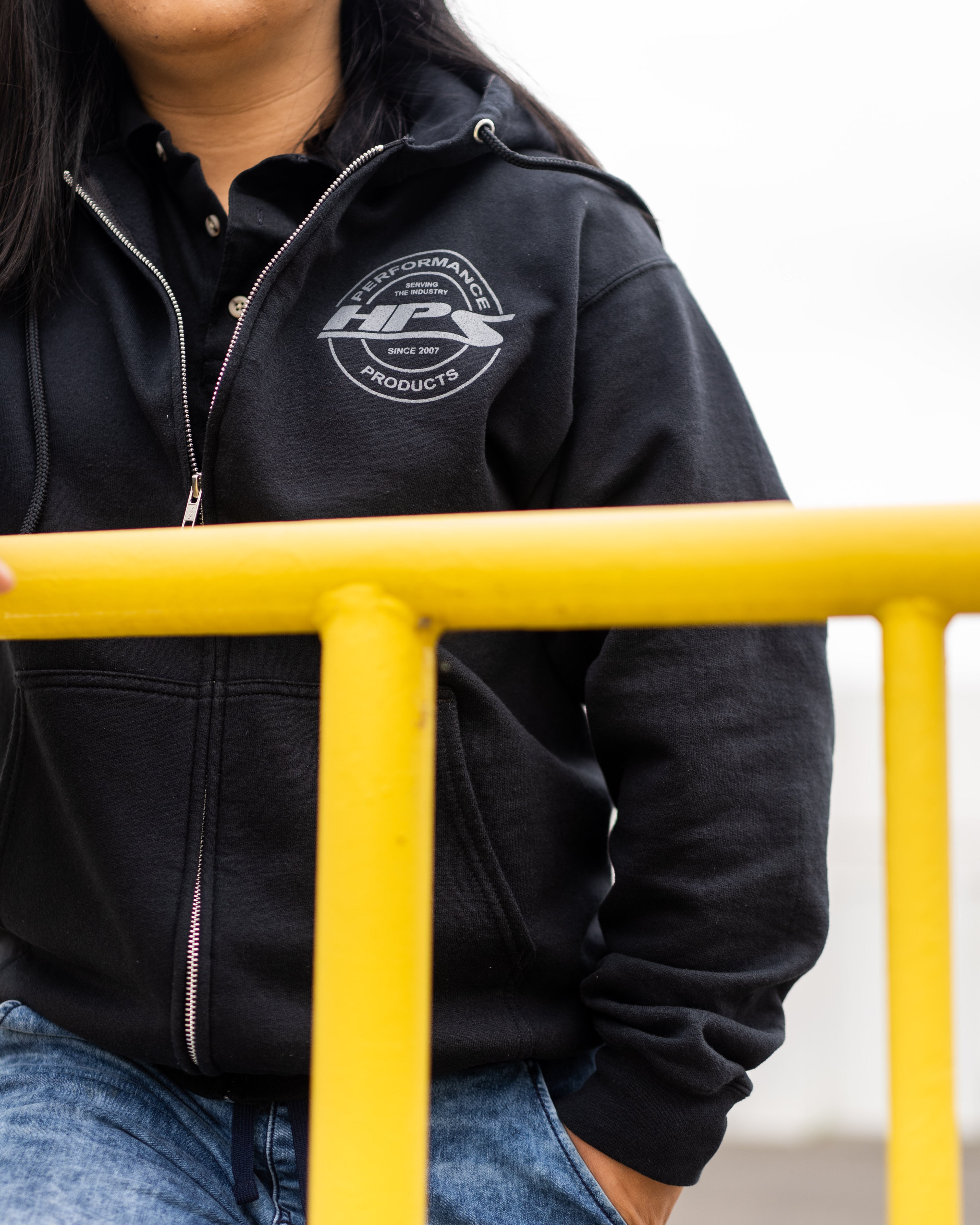 HPS Performance Products Black zip up hoodie jacket round logo gray serving the industry since 2007 unisex lightweight jacket drawstring hood small front logo pockets street apparel