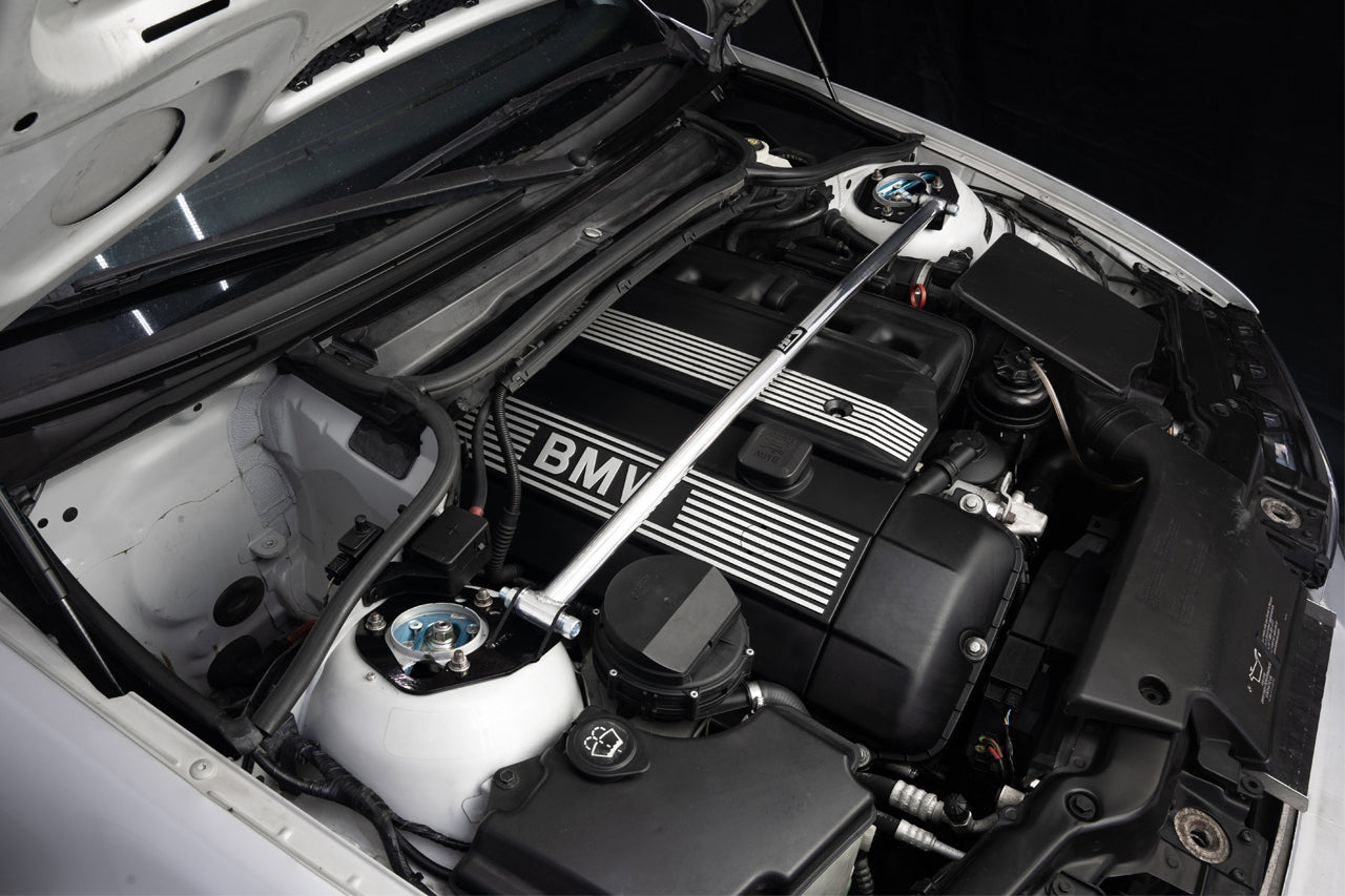 HPS front strut bar polished aluminum 42103 42-103 BMW e46 325 330 installed engine bay m54