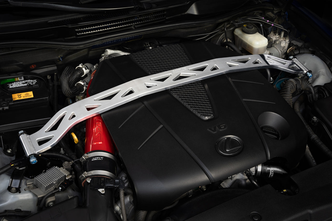 HPS Performance Front Strut Bar 06-13 GSE20 GSE21 GSE25 Lexus IS 250 350 fsport 2.5 3.5 42-106 42106 Polish billet aluminum logo closeup bay installed 14 15