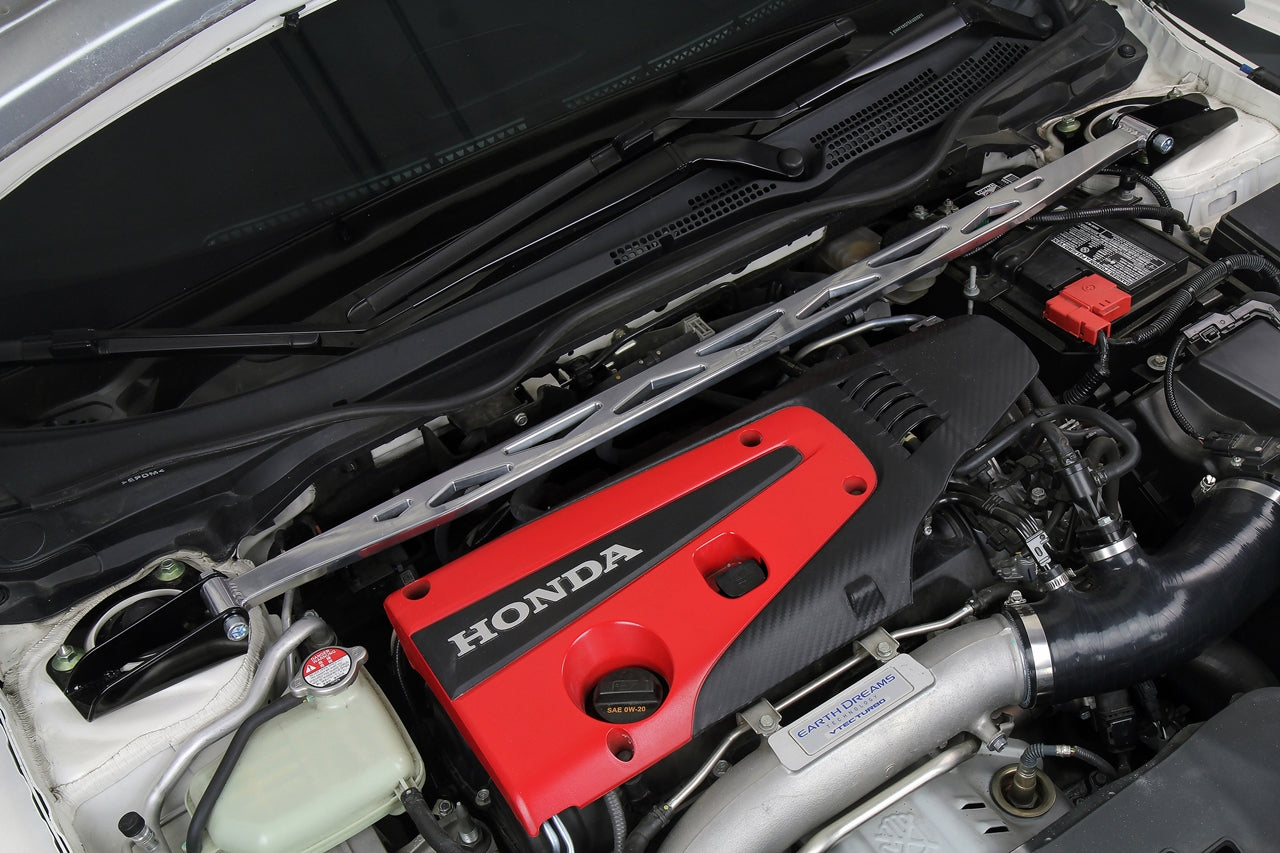 HPS Performance Polished Front Strut Bar Installed 2016-2023 Honda Civic 2.0L 42-111P