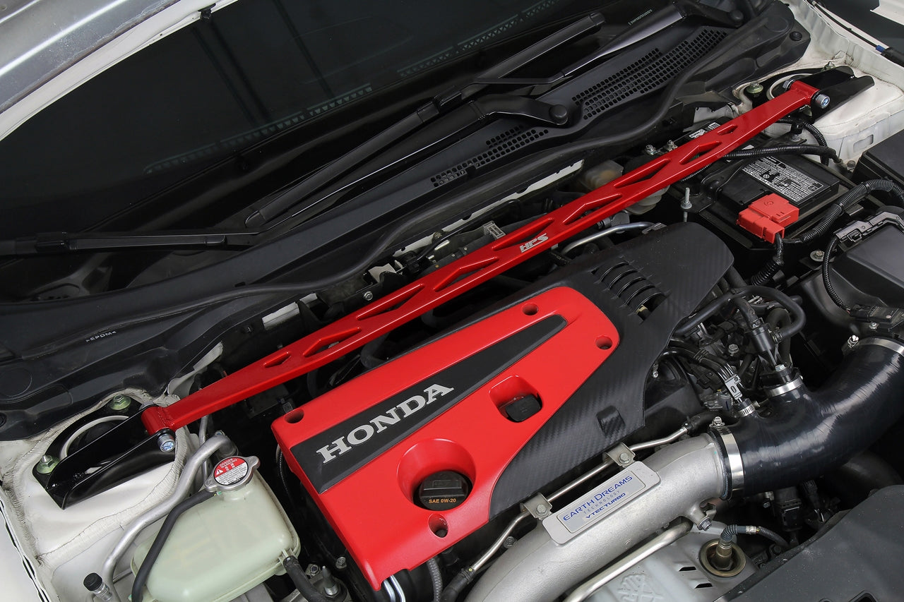 HPS Performance Red Front Strut Bar Installed 2016-2025 Honda Civic Type R FK8 FL5 2.0L 1.5L Turbo NA 42-113R
