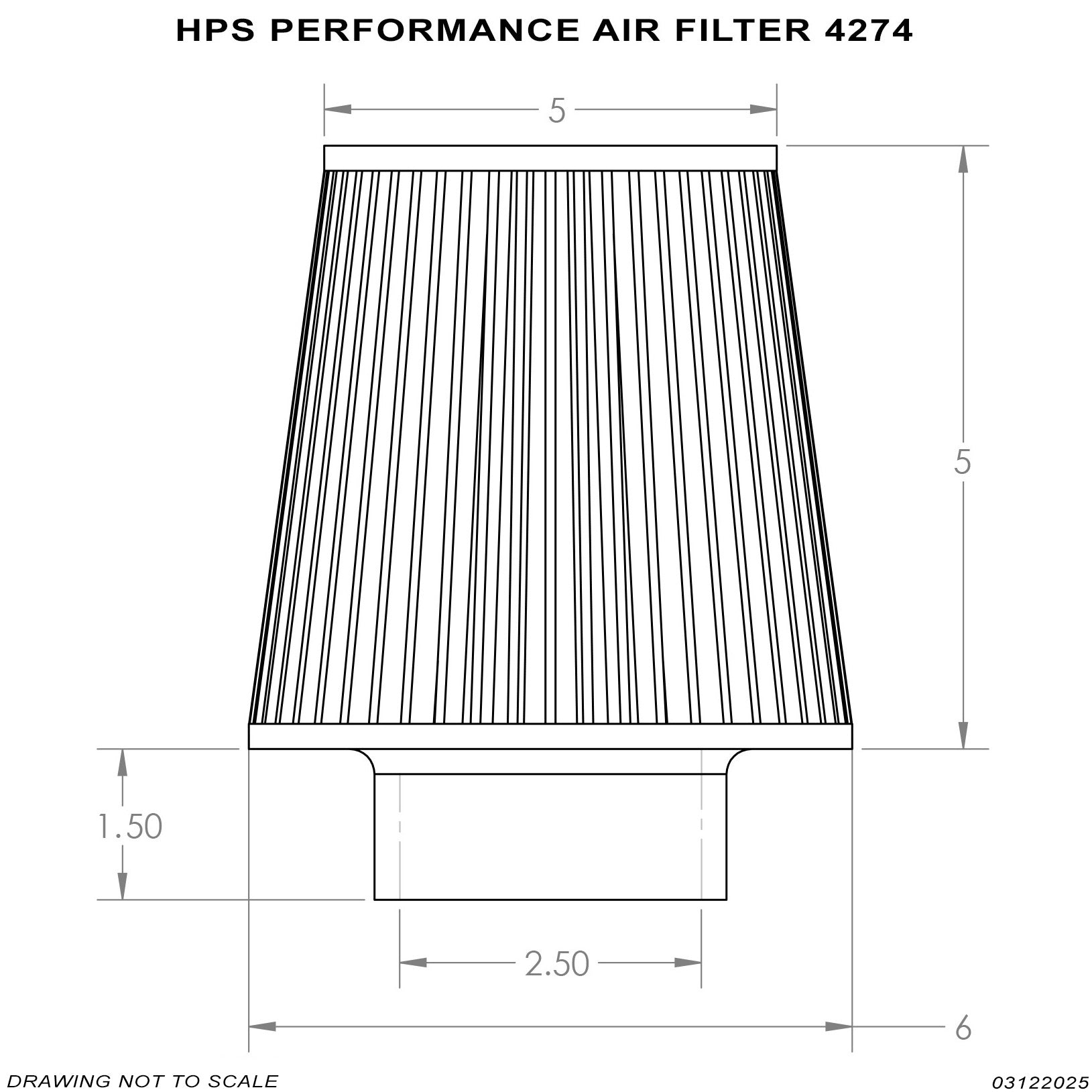 HPS Performance 2.5" Air Filter, 7.25" Length, 6" Base, 5" Top, HPS-4274