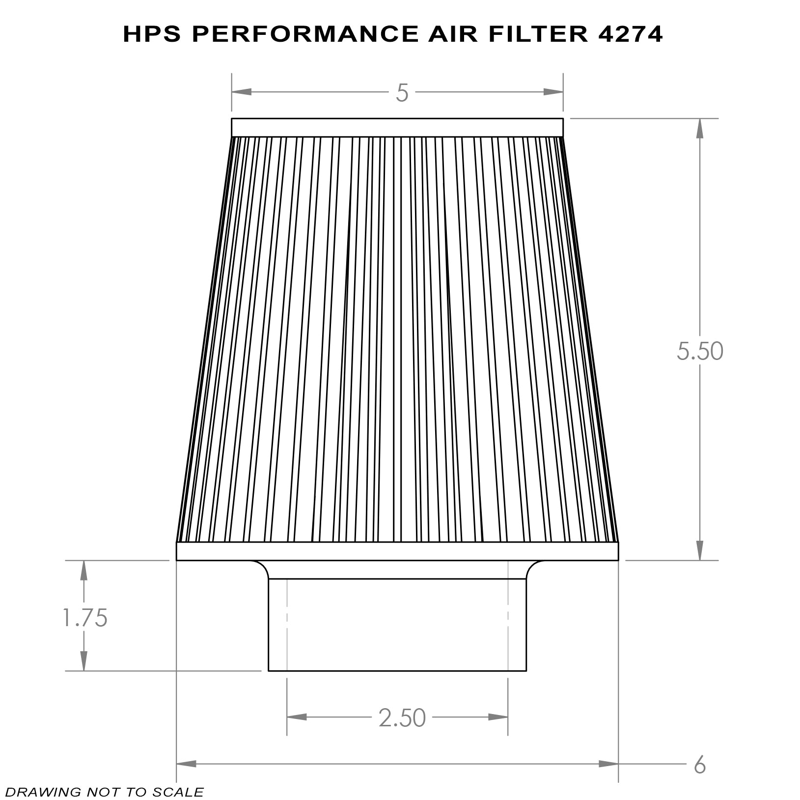 HPS Performance Air Filter 2.5" ID , 5.5" Element Length, 7.25" Overall Length, HPS-4274