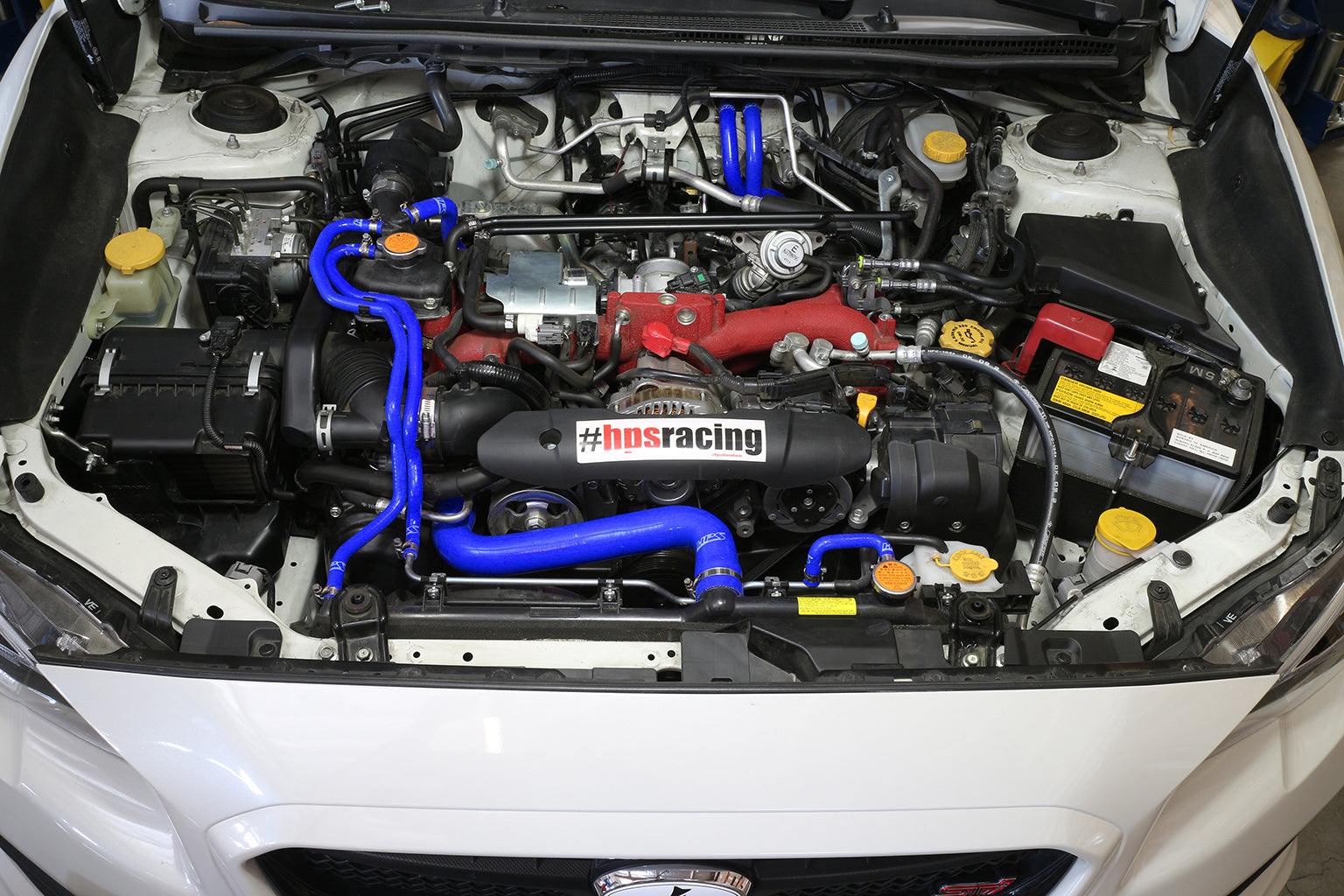 HPS Blue Reinforced Silicone Radiator + Heater Hose Kit Subaru 15-16 WRX STI 2.5L Turbo 57-1516-BLUE Installed