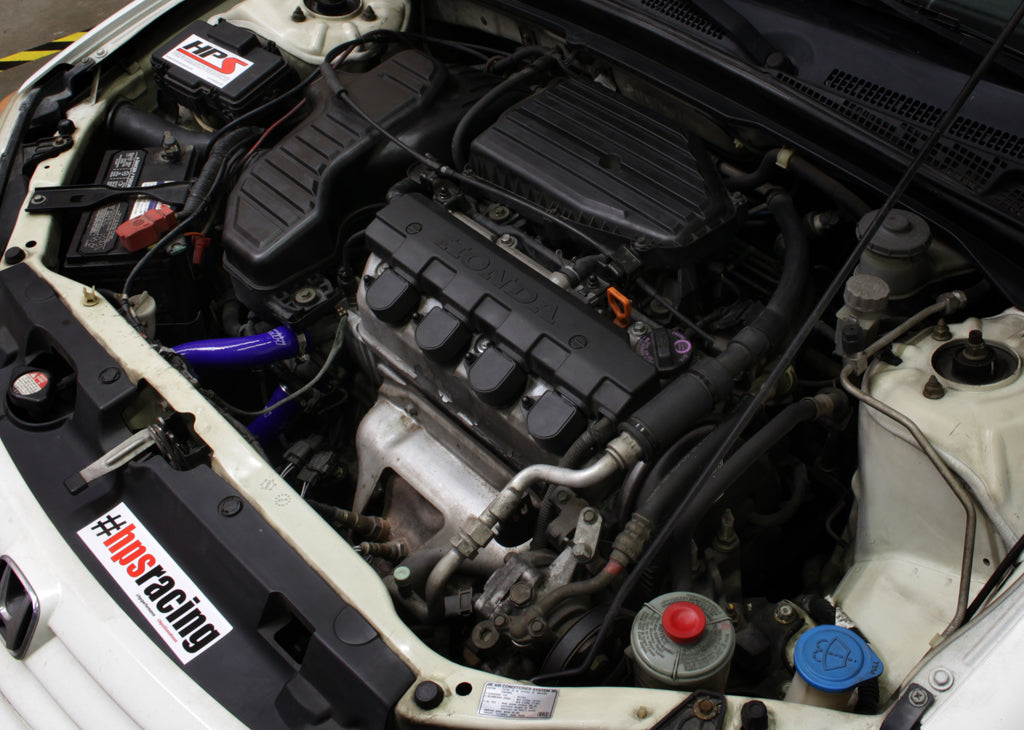 HPS Blue Reinforced Silicone Radiator Hose Kit Coolant Honda 01-05 Civic 1.7L Automatic Trans. 57-1526-BLUE Installed