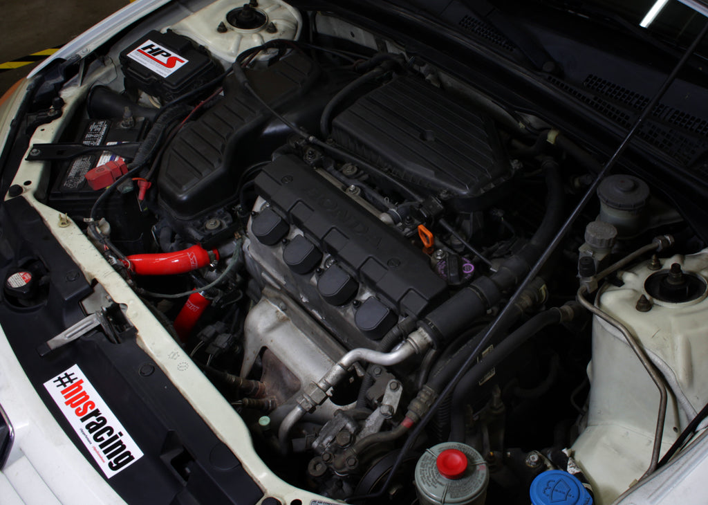 HPS Red Reinforced Silicone Radiator Hose Kit Coolant Honda 01-05 Civic 1.7L Automatic Trans. 57-1526-RED Installed