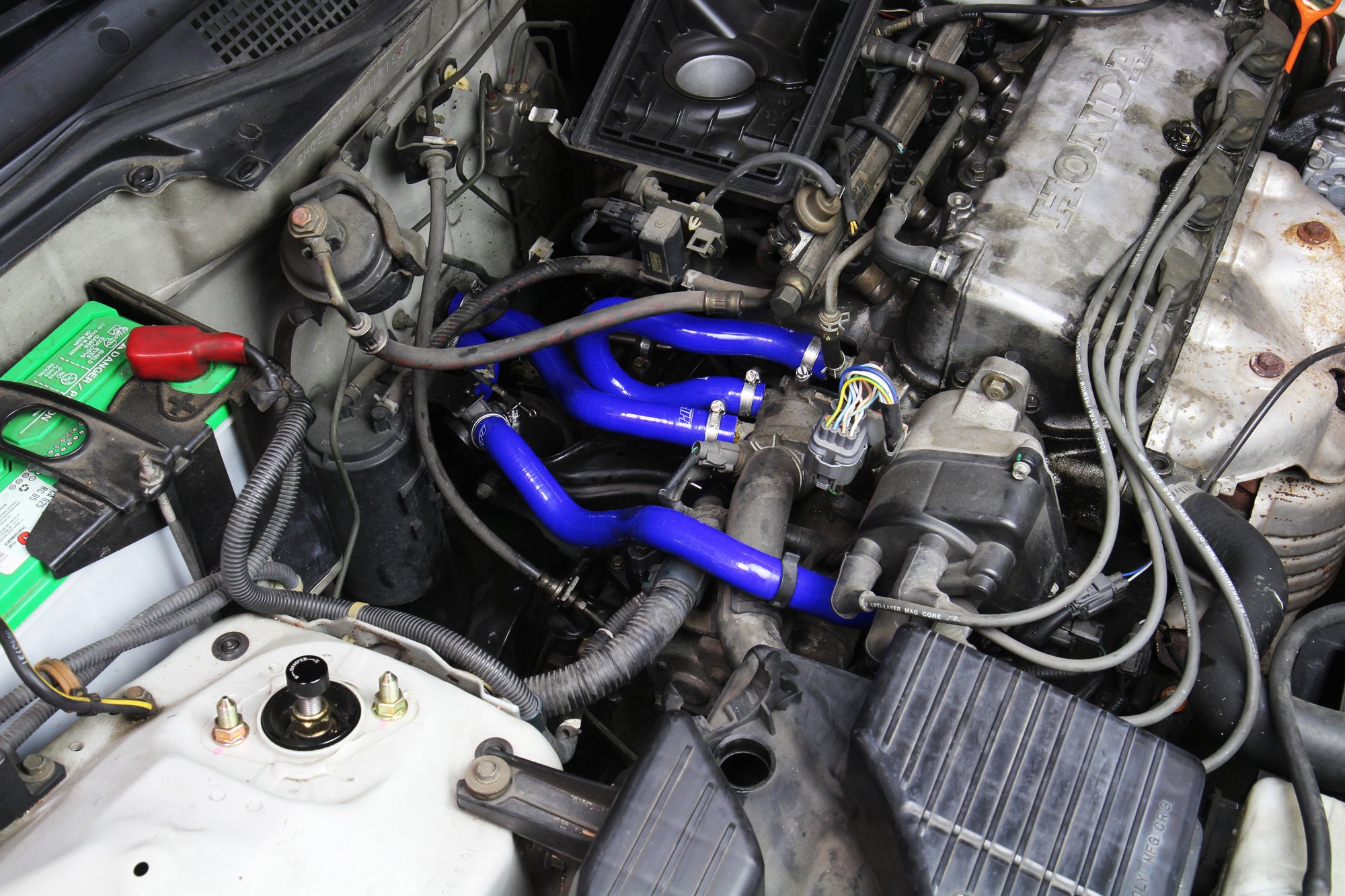 HPS Blue Silicone Heater Coolant Hose Kit Installed 96-00 Honda Civic EK CX DX LX 1.6L D16 SOHC 57-1773-BLUE