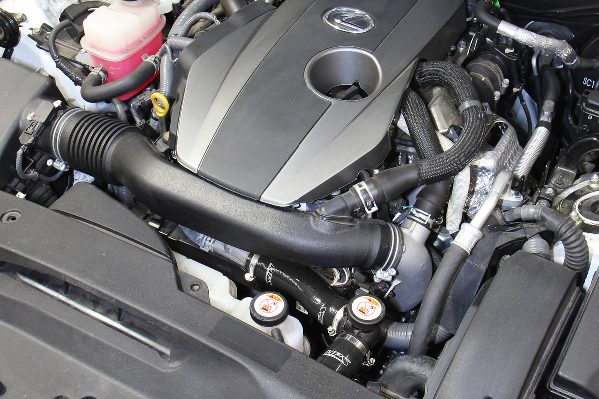 HPS Black Silicone Lower and Upper Radiator Hoses installed on 16-17 Lexus IS200t 2.0L Turbo, 57-1829-BLK