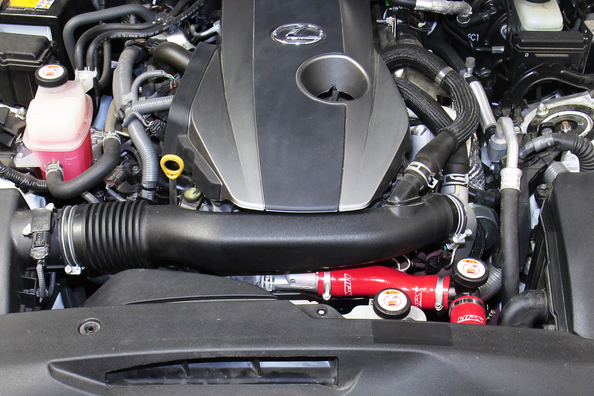 HPS Red High Temp Reinforced Silicone Coolant Hose Kit installed on 16-17 Lexus IS200t 2.0L Turbo, 57-1829-RED